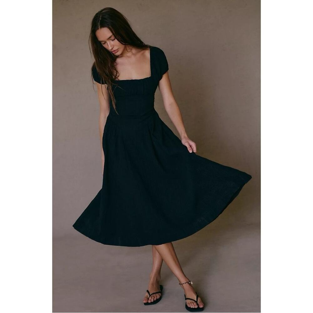 Free People Ciara Pucker Check Midi Dress in Black Size Small Minimalist - Picture 1 of 11